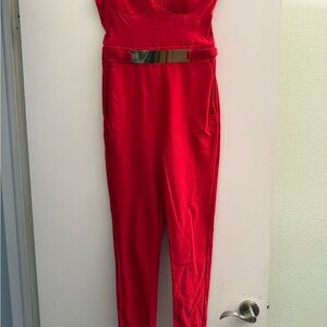Material Girl Red Jumpsuit with Gold Belt